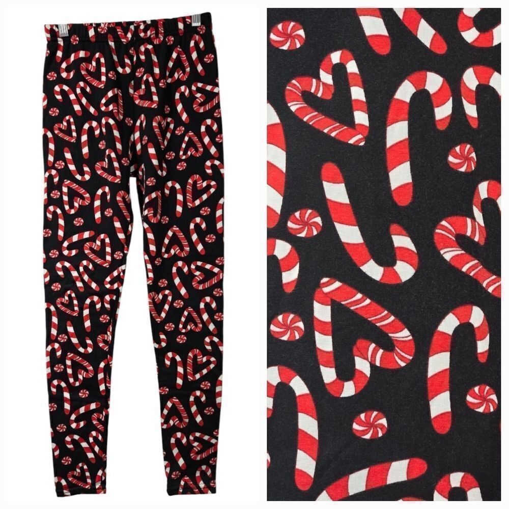 Women's Holiday Fleece Lined Leggings Black Candy Cane Christmas Lounge Pant